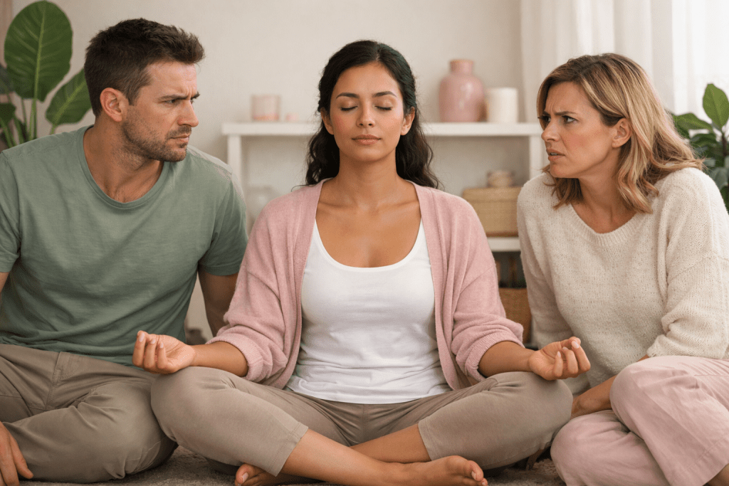 Meditating mediator sitting between a man and a woman in conflict.